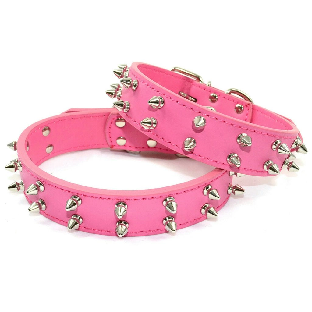 Pet Dog Leather Collar TwoRow Non-sharp Spikes Adjustable Dog Collar Hotpink