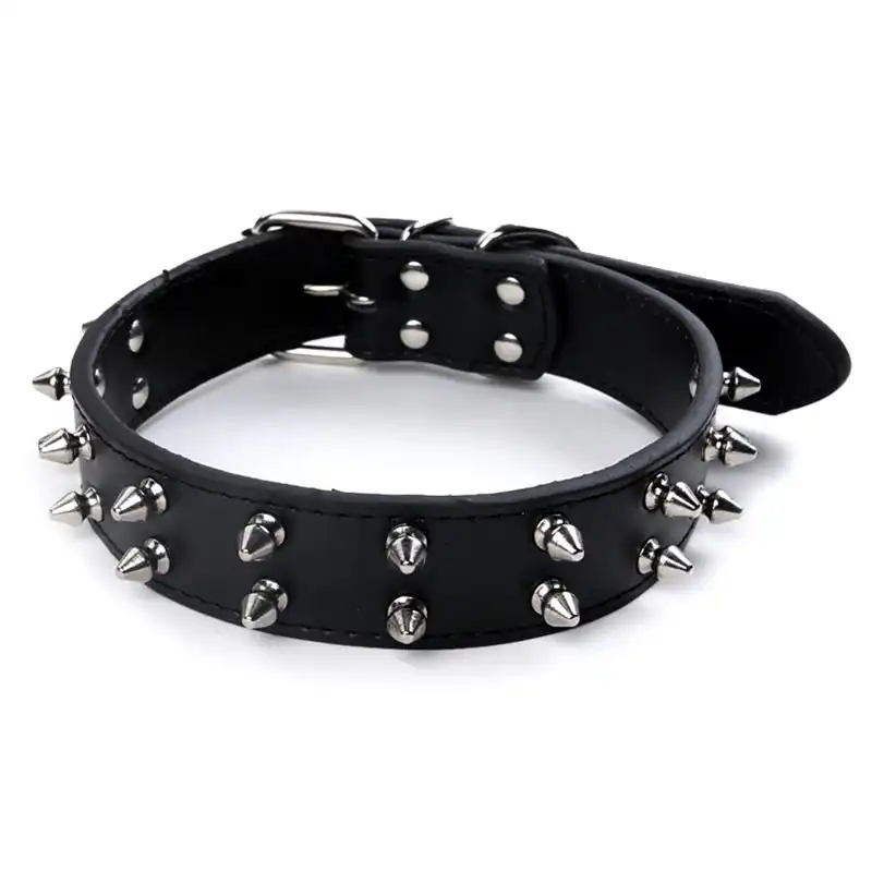 Pet Dog Leather Collar Nickel Plated Non-sharp Spikes Adjustable Dog Collar Black