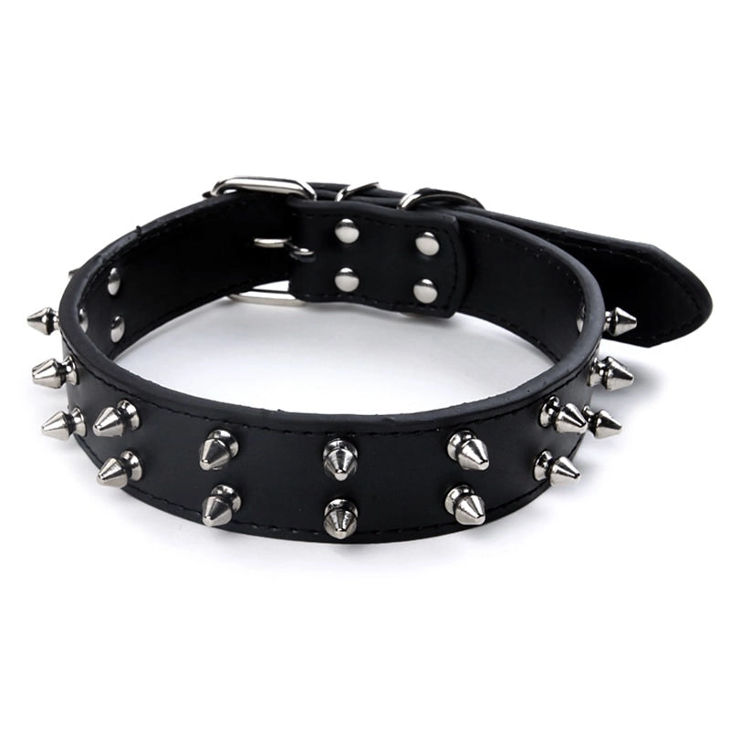 Pet Dog Leather Collar Nickel Plated Non-sharp Spikes Adjustable Dog Collar Black