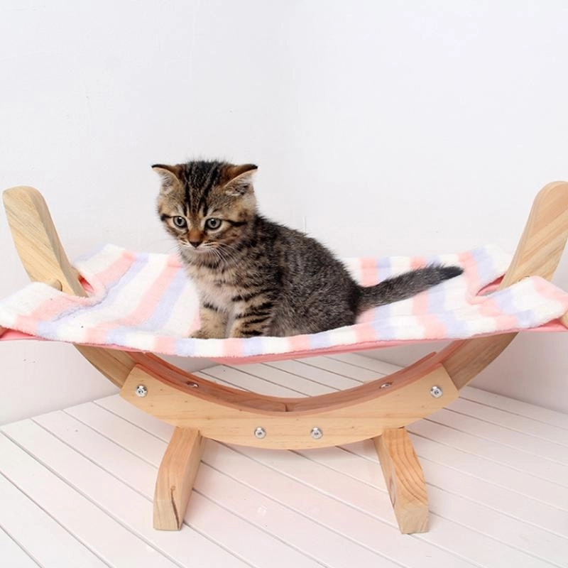 Pet Cat Hammock Solid Wood Soft Coral Fleece Bed Pink