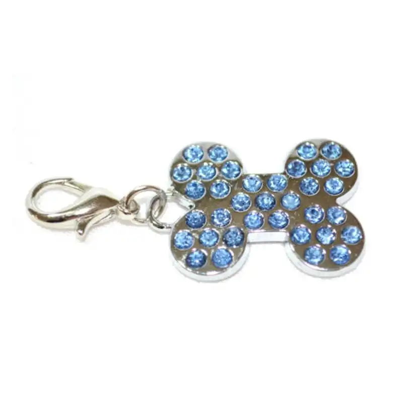 5 x Dog Pet Cat Charms Bone Shape Blue Diamond Rhinestone Collar Tags