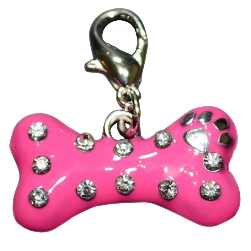 5 x Pet Cat Dog Bone Charms HotPink Rhinestone Collar Tags