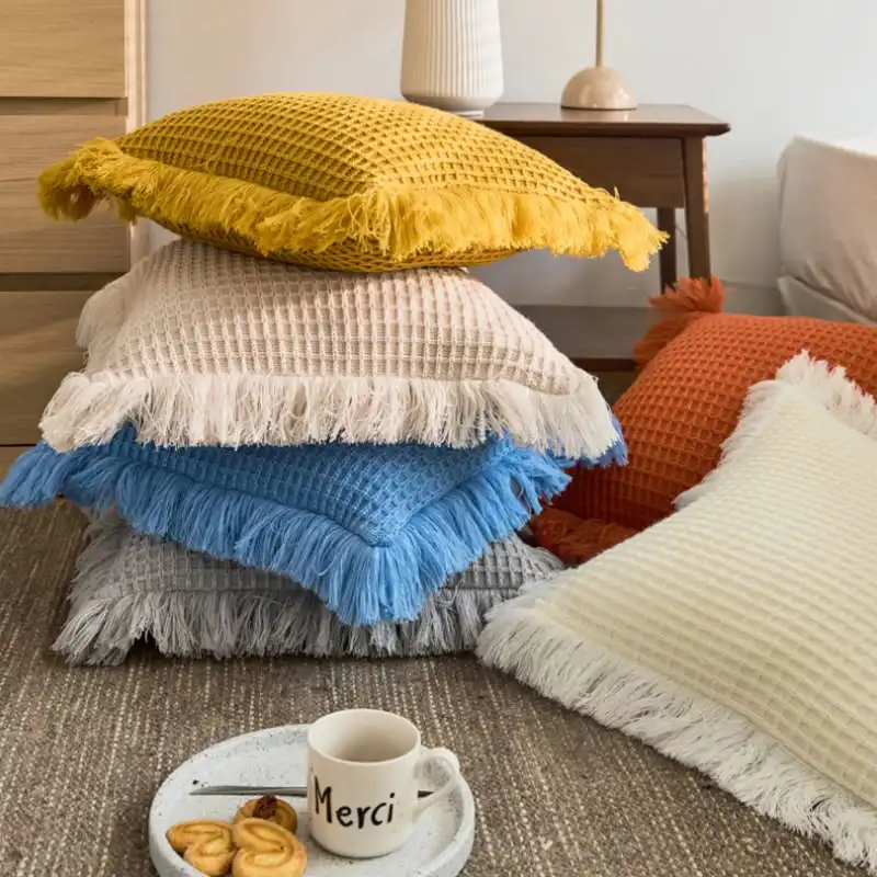 Soft Acrylic Knitted Waffle Cushion Pillow Cover Loose Tassel Edges 45x45cm