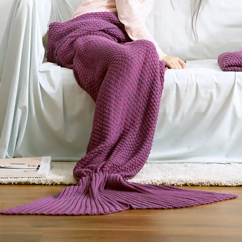 100% Cotton Knitted Mermaid Tail Blanket Home Decor Throw Rug 140cm Purple