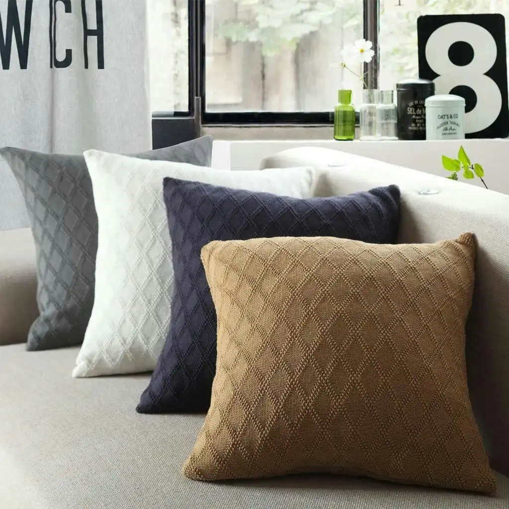 100% Cotton Knitted Square Cushion Sofa Pillow Cover 45x45cm Diamond Pattern