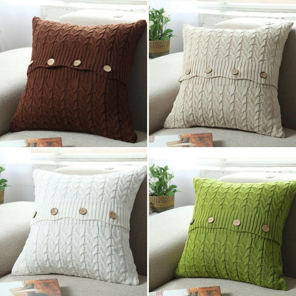 Home Decor Sofa Bed Knitted Pillow Cushion Cover Twisted stripes w buttons 45x45cm