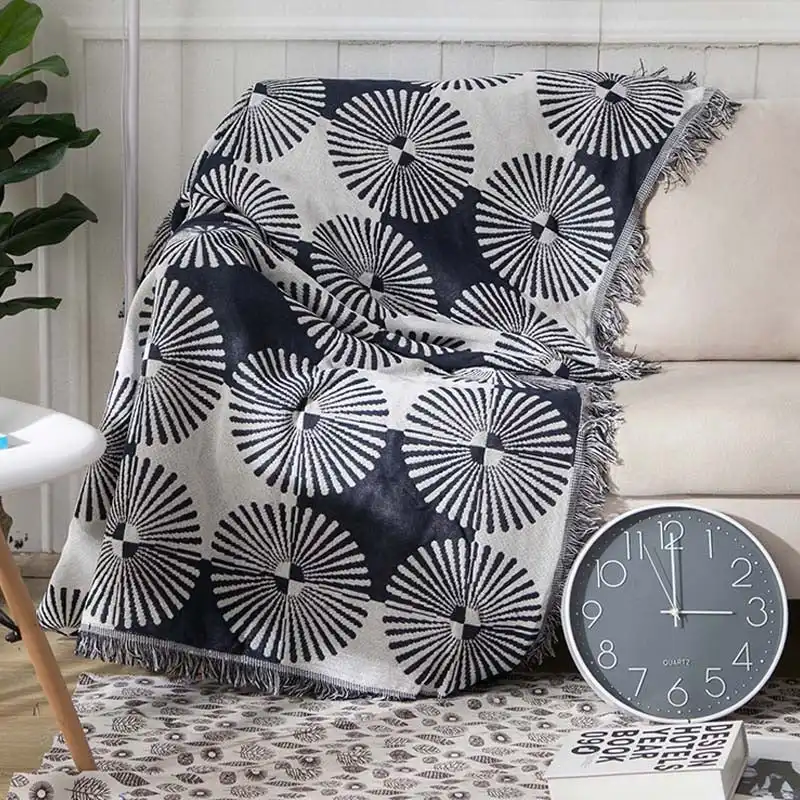 Slub PolyCotton Knitted Blanket Folding Fan Pattern Sofa Bed Leisure Throw Rug 180x230cm