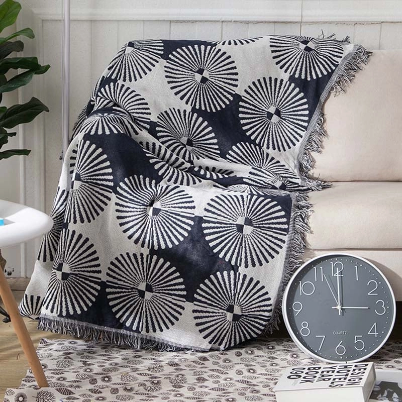 Slub PolyCotton Knitted Blanket Folding Fan Pattern Sofa Bed Leisure Throw Rug 180x230cm