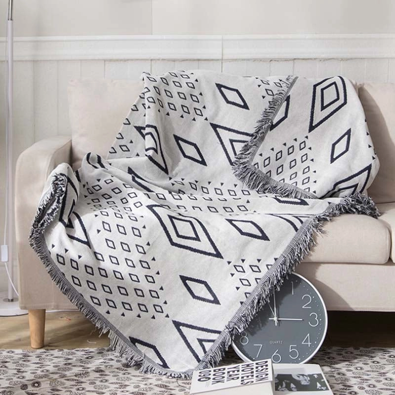 Slub PolyCotton Knitted Blanket Argyle Pattern Sofa Bed Leisure Throw Rug 180x230cm