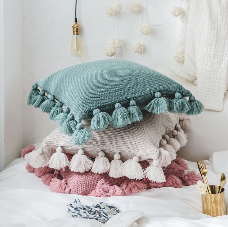 New Soft Acrylic Knitted Tassel Square Cushion Pillow Cover 45x45cm