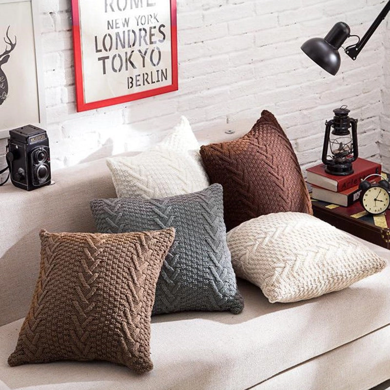 New Acrylic Knitted Square Cushion Cover Pillowcase Herringbone Pattern