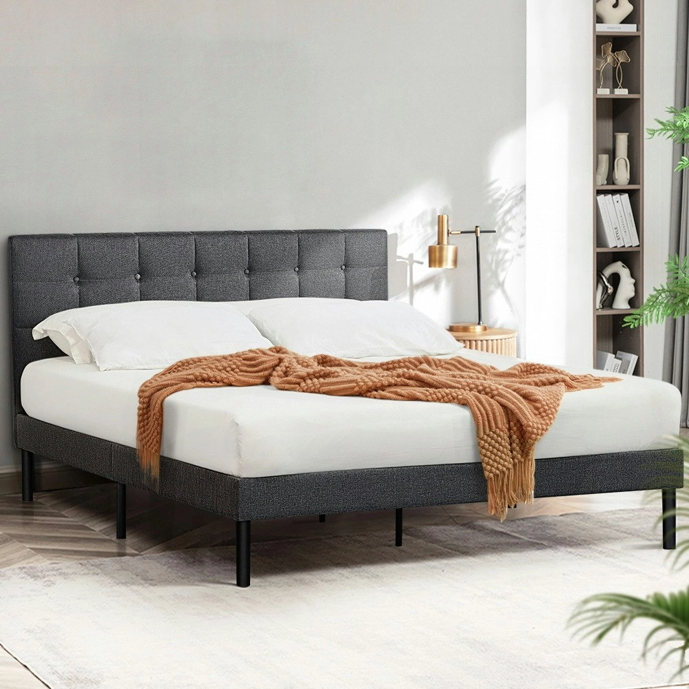 Furb Double Platform Bed Frame with Upholstered Headboard Wooden Slats,Charcoal