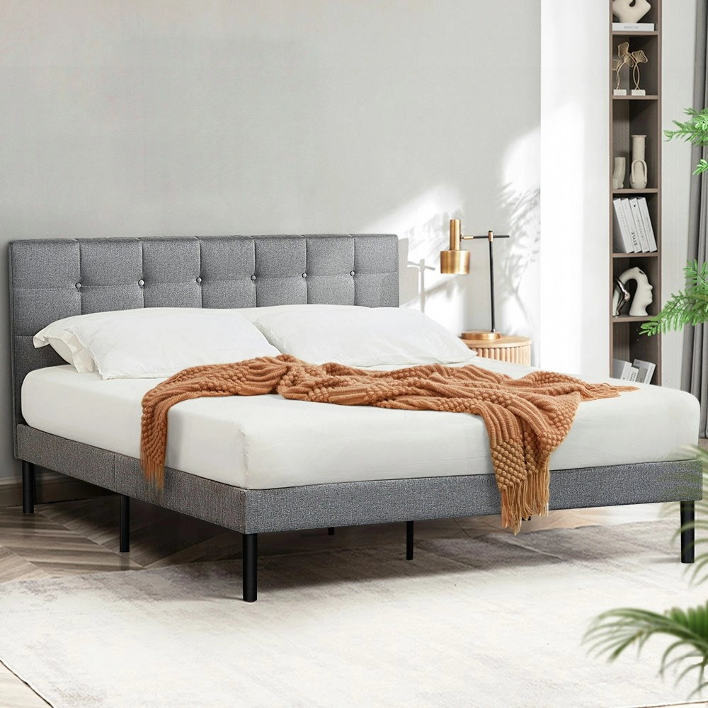 Furb Queen Platform Bed Frame w/ Upholstered Headboard Strong Wooden Slats,Gray