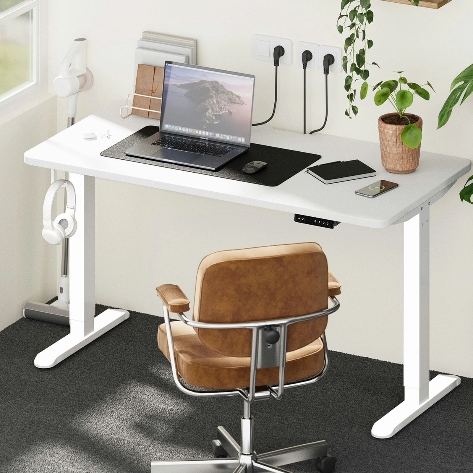 Oikiture Electric Standing Desk With Wireless Charging Single Motor White Frame 140CM White Tabletop