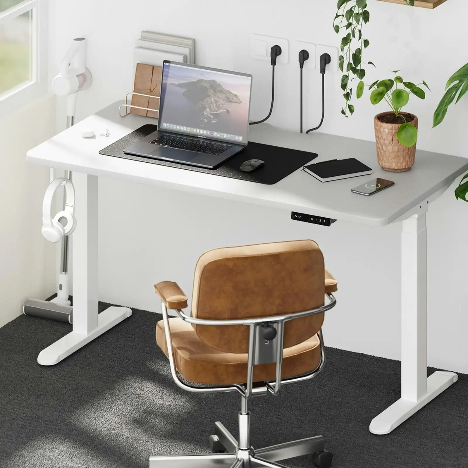 Oikiture Electric Standing Desk With Wireless Charging Dual Motor White Frame 140CM White Tabletop