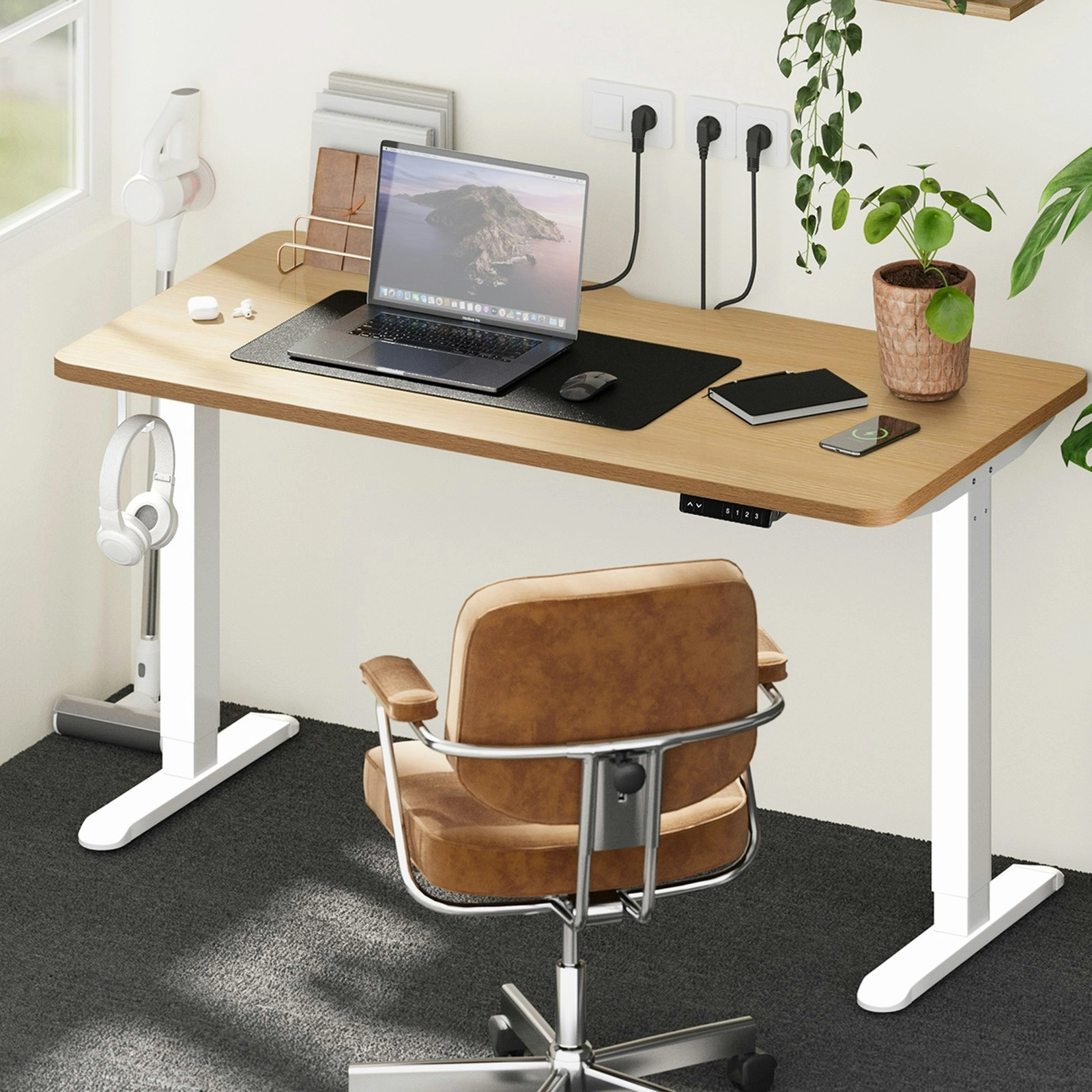 Oikiture Electric Standing Desk With Wireless Charging Single Motor White Frame 140CM OAK Tabletop