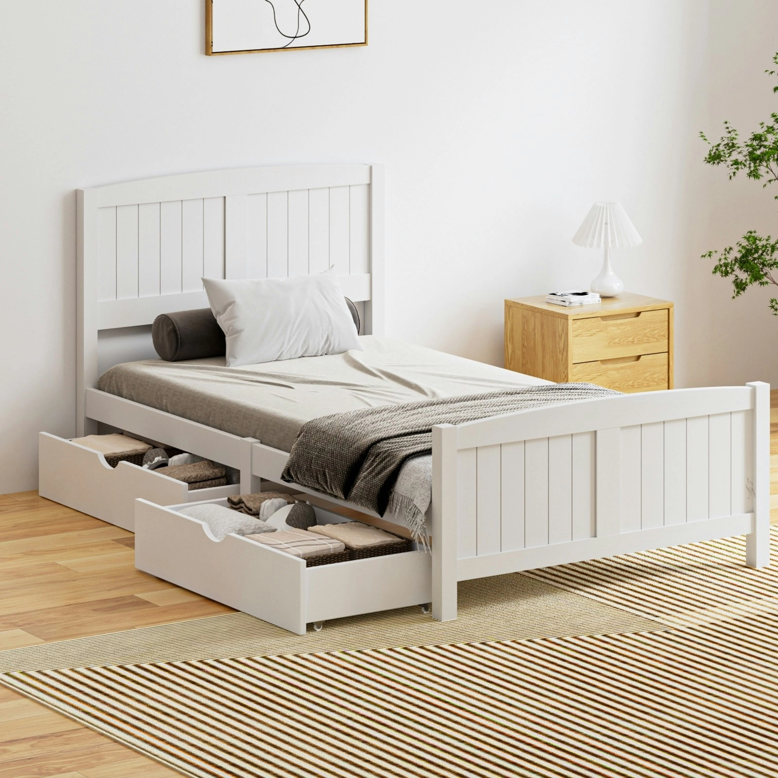 Oikiture Wooden Bed Frame King Single Base with Trundle Storage Drawers White