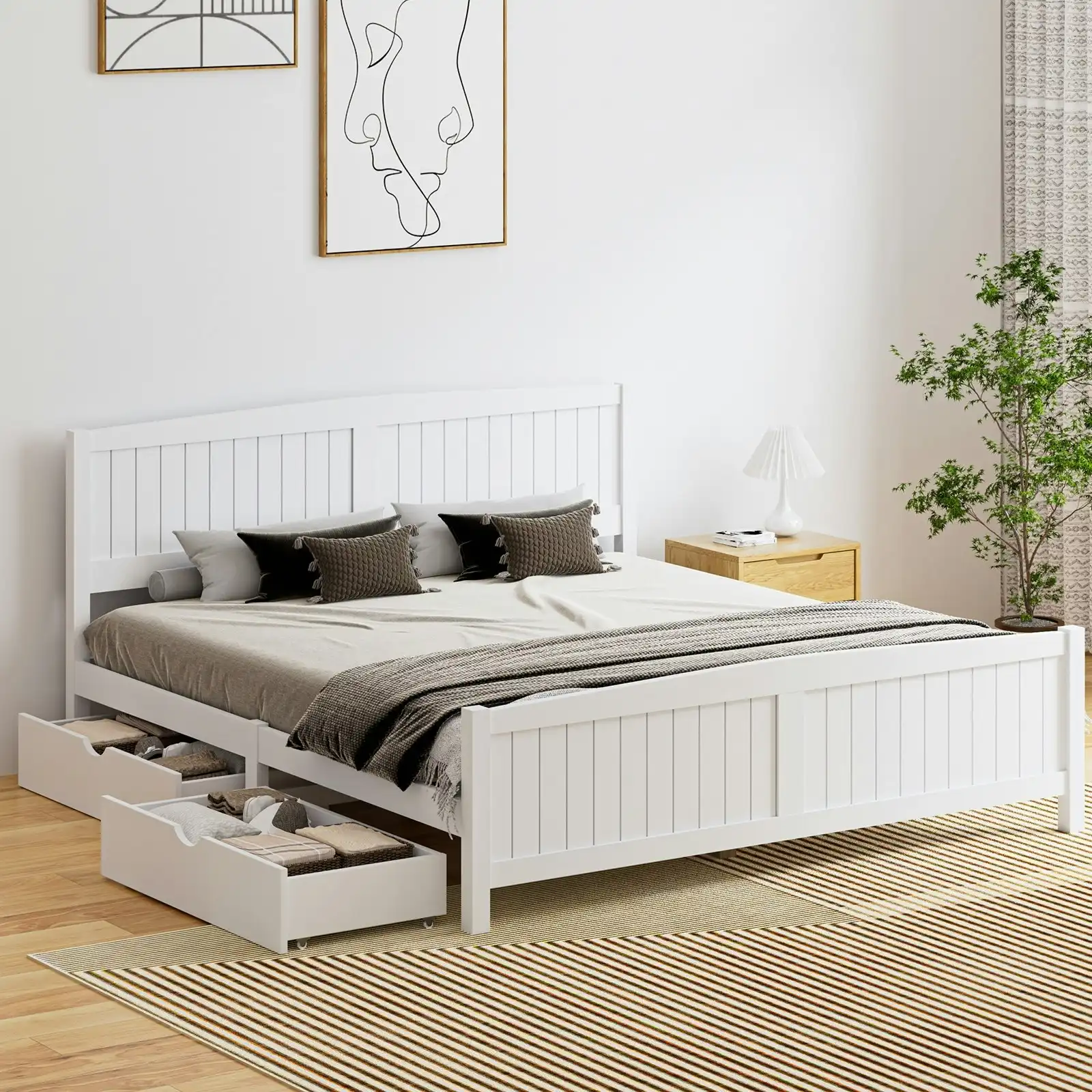 Oikiture Wooden Bed Frame King Size Base with Trundle Storage Drawers White