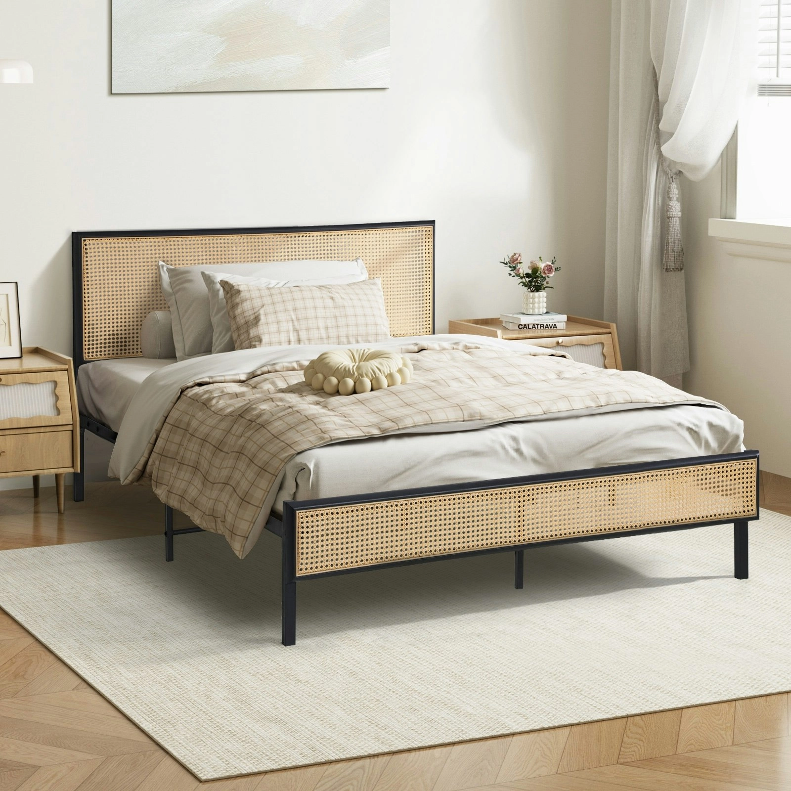 Oikiture Metal Bed Frame King Single Beds Base Platform Rattan