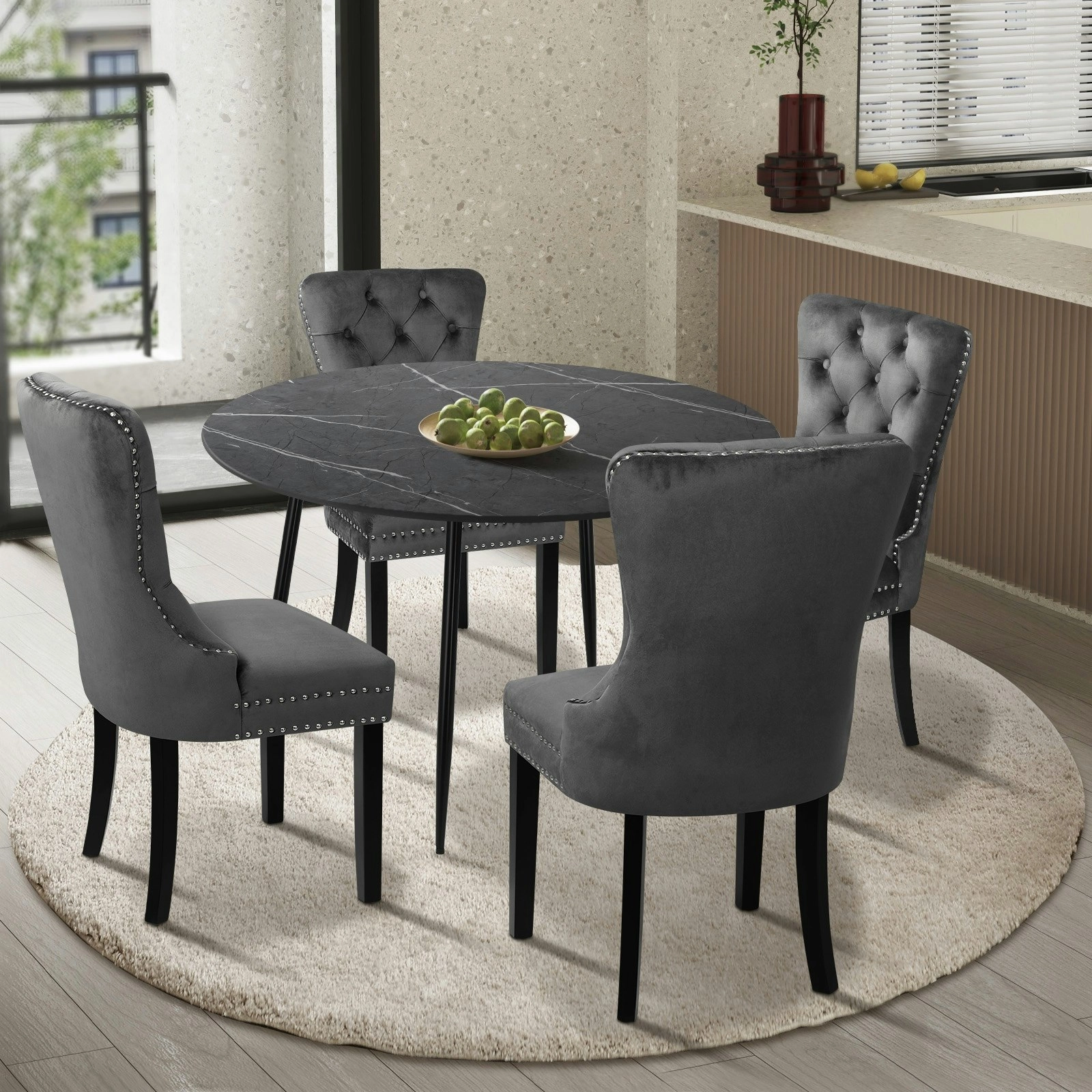 Oikiture 110cm Round Dining Table with 4PCS Dining Chairs Velvet Grey