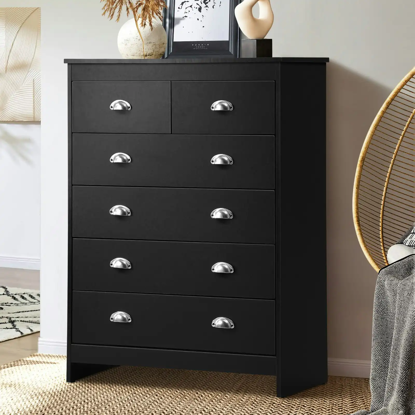 Oikiture 6 Chest of Drawers Tallboy Dresser Table Storage Cabinet Black