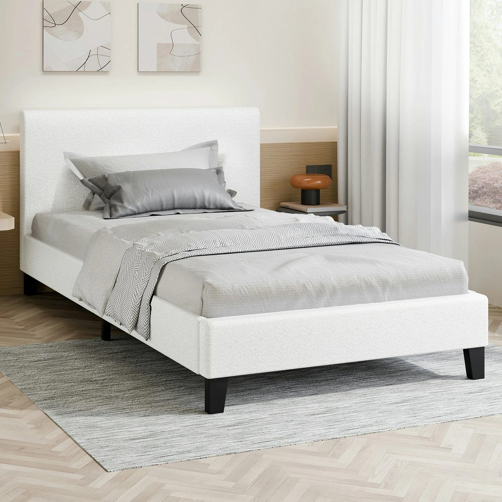 Alfordson Bed Frame King Single Mattress Base Wooden Platform Boucle Fabric White