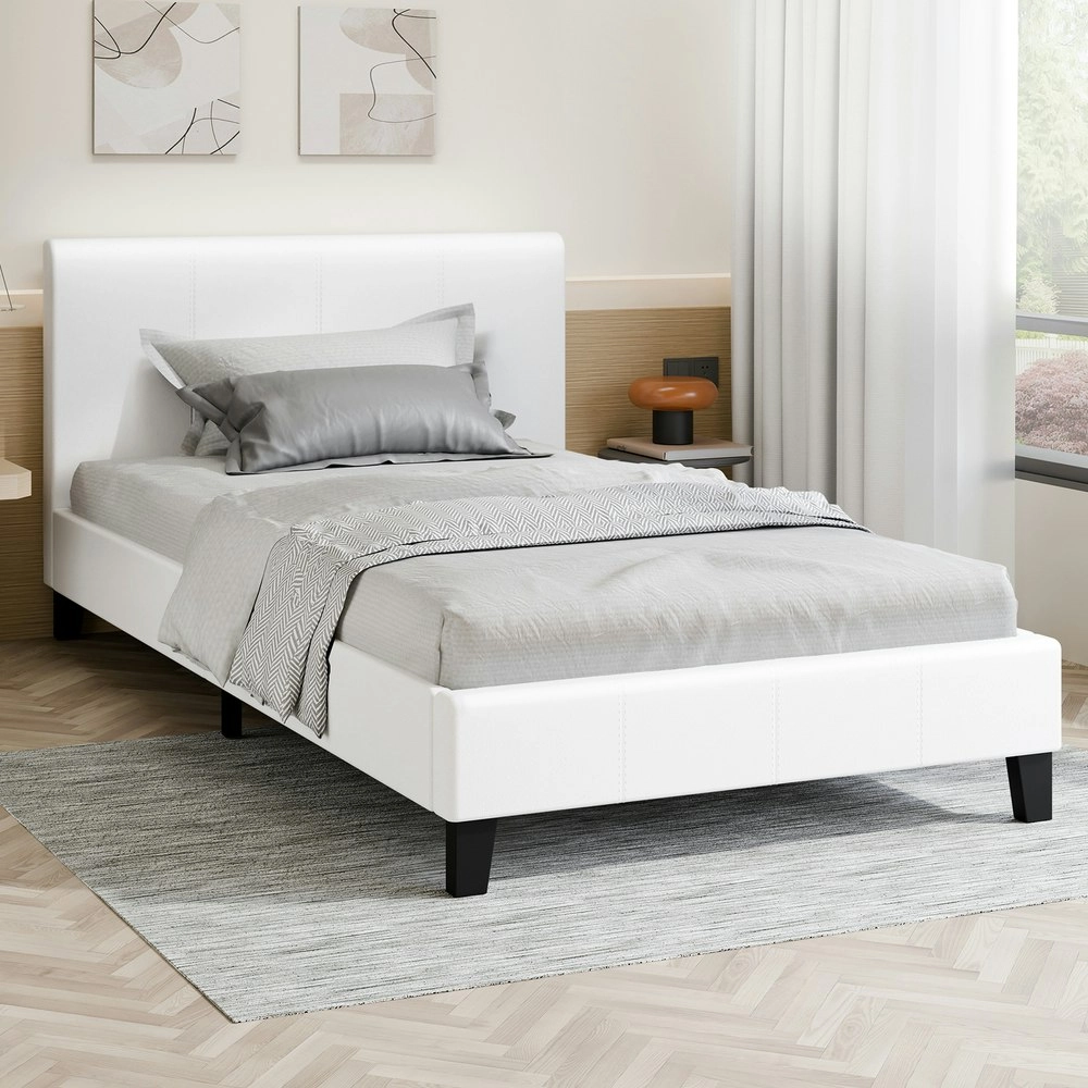 Alfordson Bed Frame King Single Mattress Base Wooden Platform Leather White