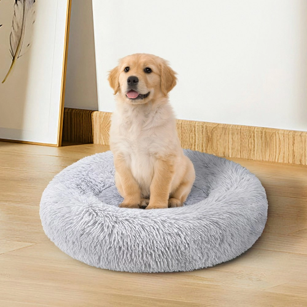 Petzly Dog Cat Calming Bed Warm Soft Plush Round Waterproof 50CM Bed Light Grey