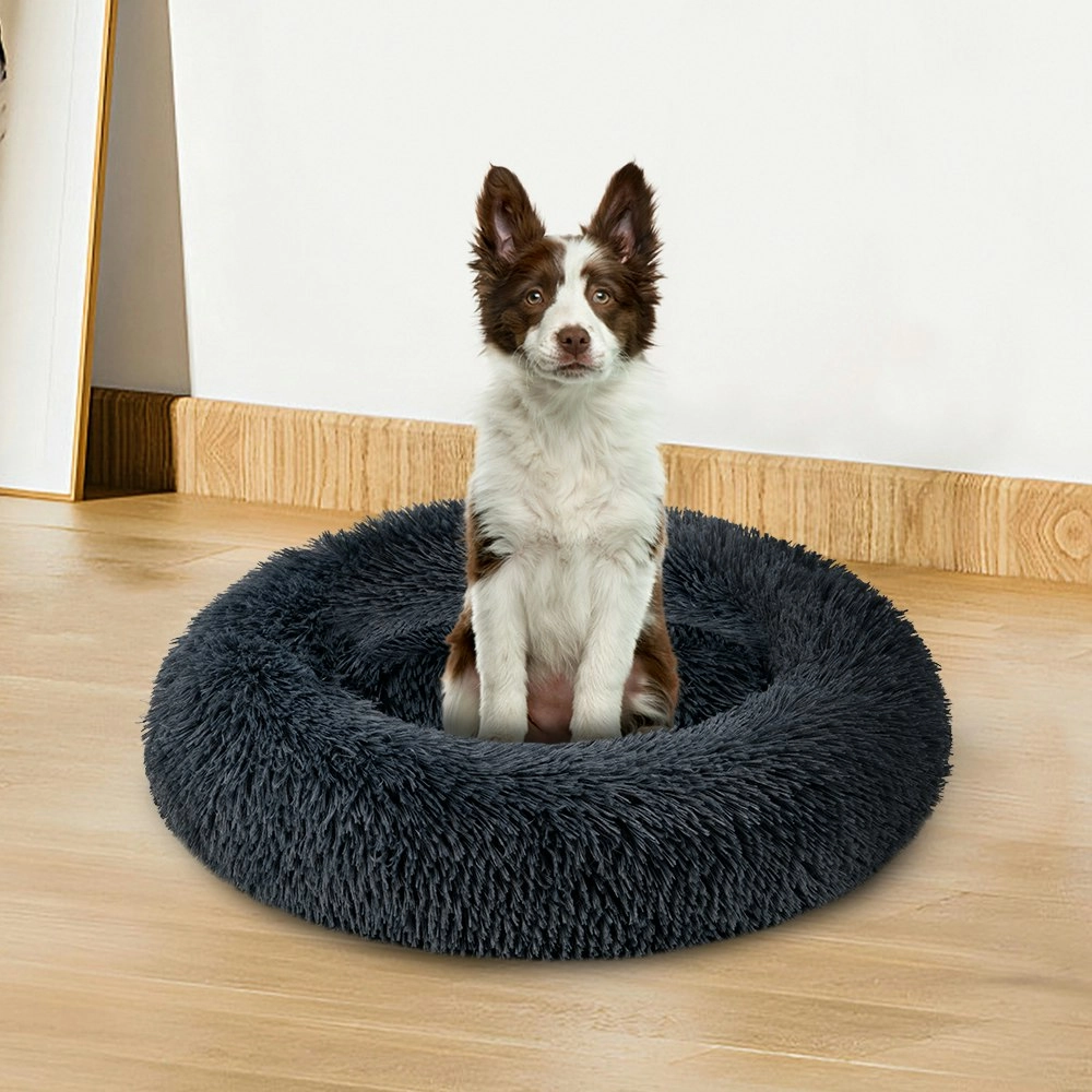 Petzly Dog Cat Calming Bed Warm Soft Plush Round Waterproof 80CM Bed Light Black