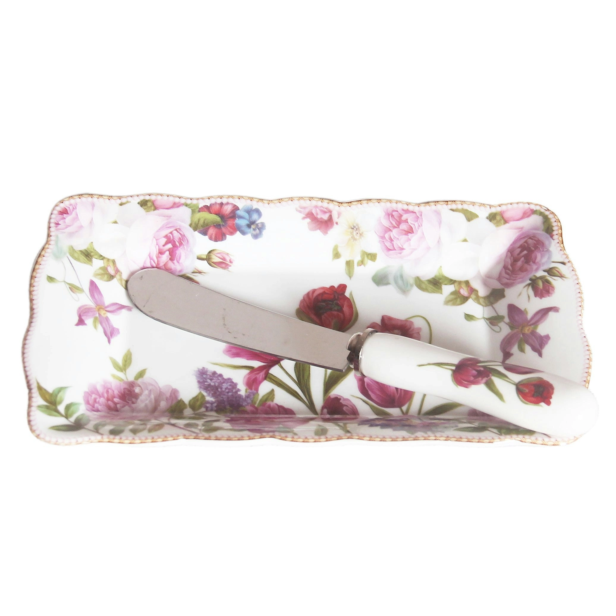 Rose & Tulip Fine Bone China Butter Dish with Knife