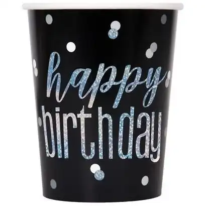 Black & Silver Happy Birthday Prismatic Paper Cups