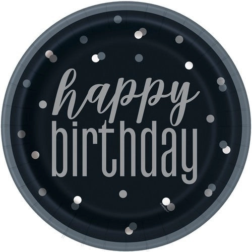 Black & Silver Happy Birthday - Paper Plates