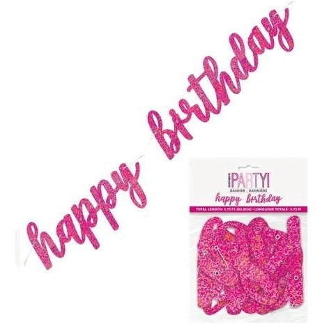 Pink Happy Birthday Prismatic Foil Script Jointed Banner