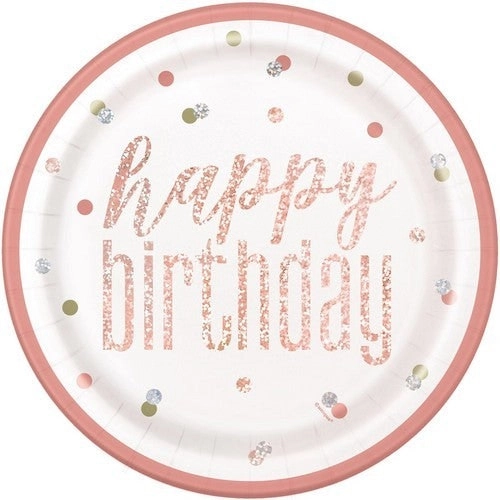 Rose Gold Happy Birthday Prismatic Paper Plates