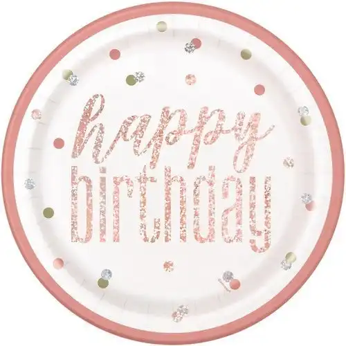 Rose Gold Happy Birthday Prismatic Paper Plates