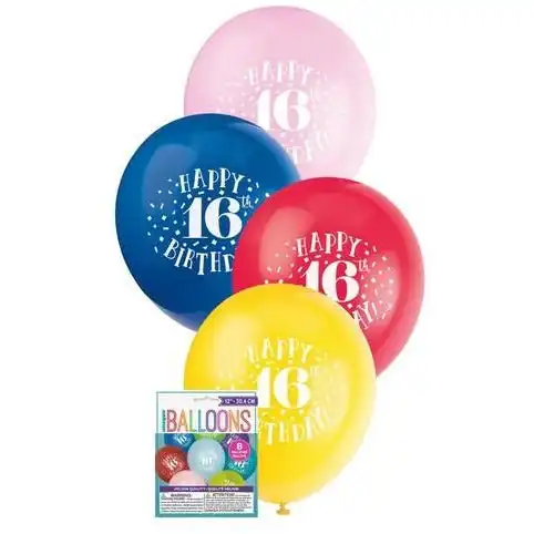 Happy 16th Birthday 8 x 30cm Balloons Assorted Colours