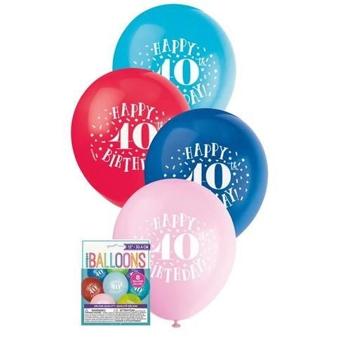 Happy 40th Birthday 8 x 30cm Balloons Assorted Colours