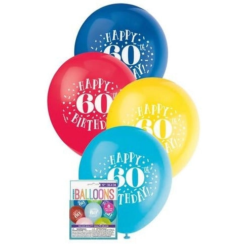 Happy 60th Birthday 8 x 30cm Balloons Assorted Colours