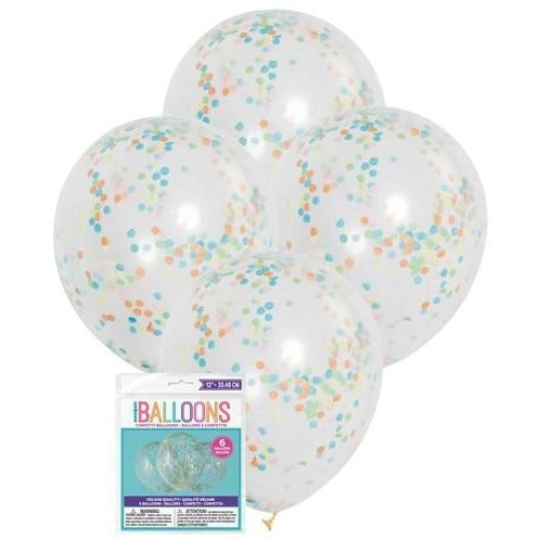 Clear Latex Balloons Prefilled With Multi Coloured Confetti 30cm 6Pk