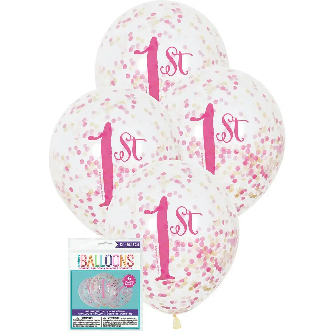 1st Birthday Clear Balloon Prefilled - Pink & Gold