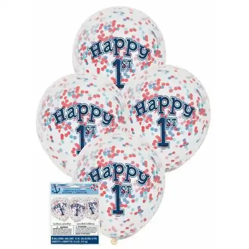 Nautical 1st Birthday 6 x 30cm Clear Balloons With Blue & Red Confetti