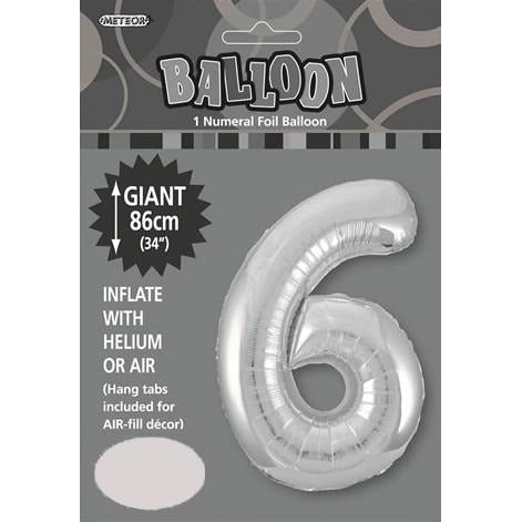 Silver 6 Numeral Foil Balloon 86cm