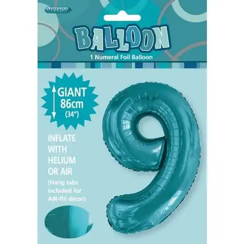 Caribbean Teal 9 Numeral Foil Balloon 86cm