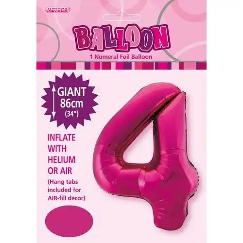 Hot Pink 4 Numeral Foil Balloon 86cm