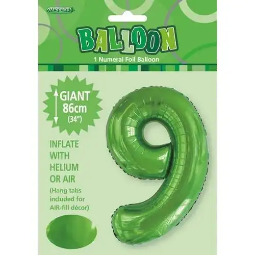 Lime Green 9 Numeral Foil Balloon 86cm