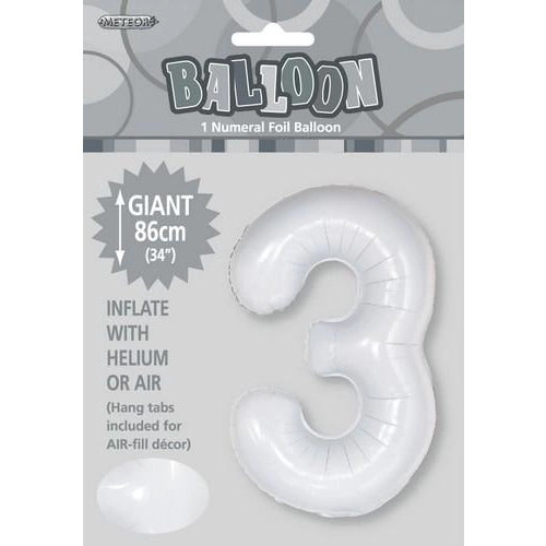 White 3 Numeral Foil Balloon