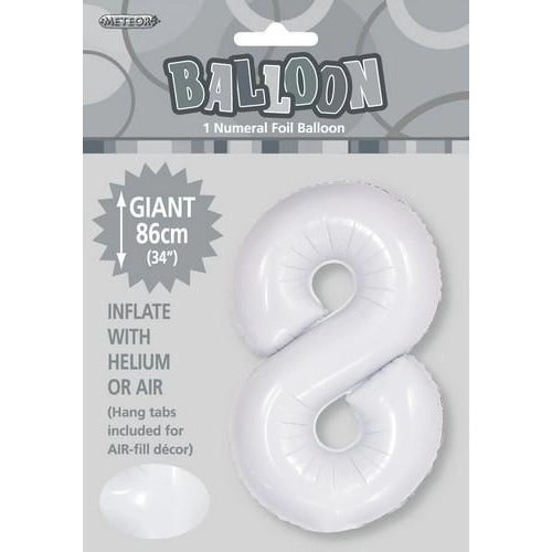 White 8 Numeral Foil Balloon 86cm