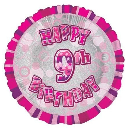 Glitz Pink 9th Birthday Round 45cm Foil Balloon Packaged