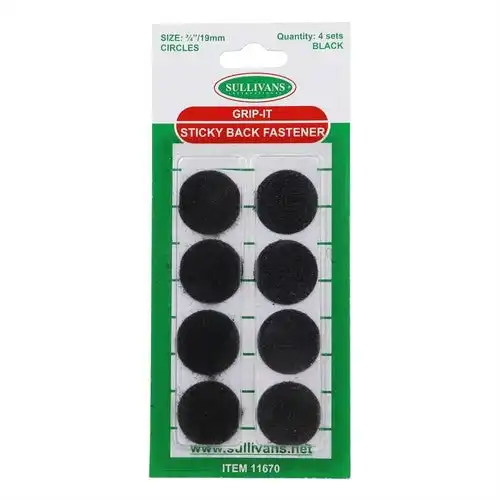 Grip It Sticky Back Fastener Circles - Black 19mm 4 Sets