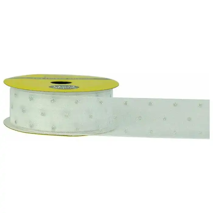 Sheer Ribbon White with Silver Irid Dots - 24mmx3m